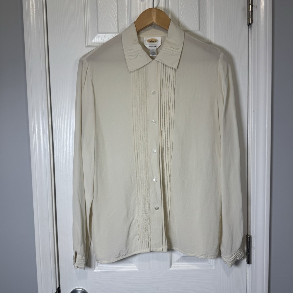 VTG Talbots Ivory Silk Pleated Button up 8‎ Blouse Career Old Money Minimalist